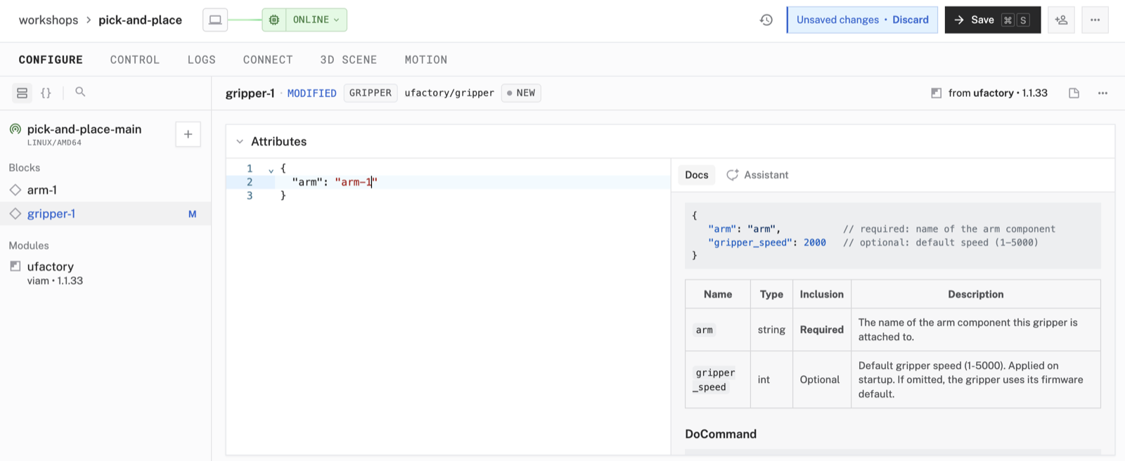 The gripper-1 config with its arm attribute set to arm-1.